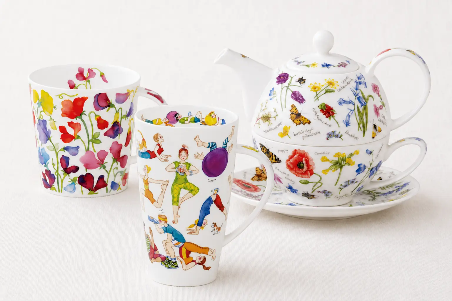 Dunoon Fine Bone China mit Henley Flexible Friends, Cairngorm Floral Fiesta Sweet Peas und Tea for One Wayside