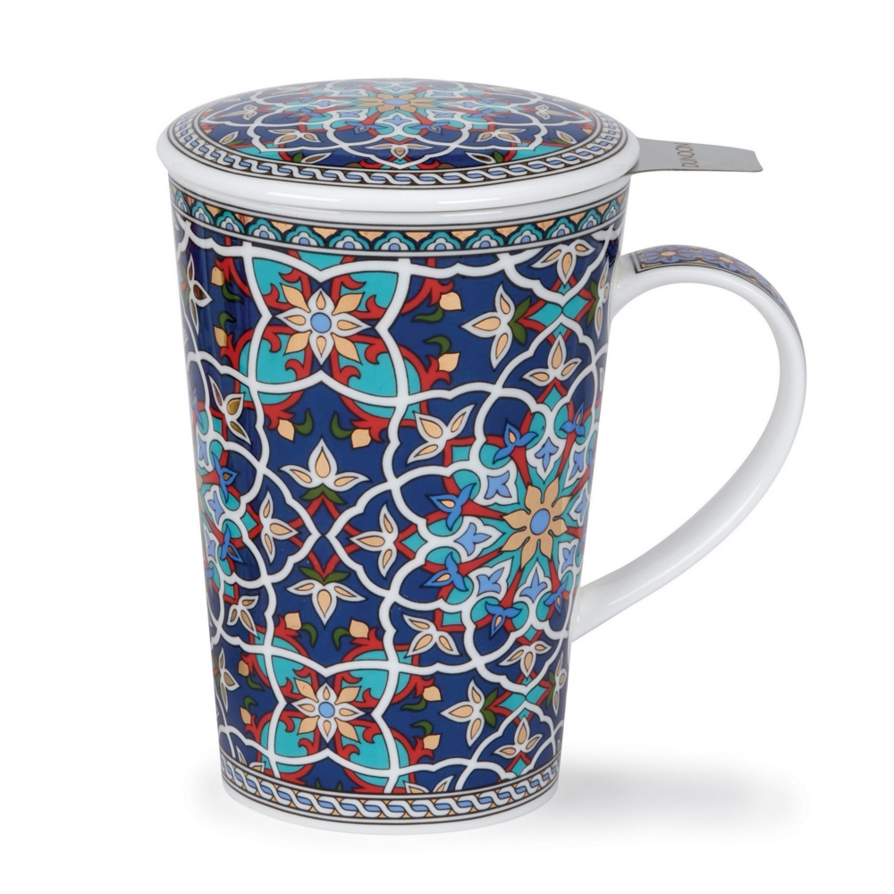 Dunoon Shetland Set Sheikh Fine Bone China Porzellan Teebecher 4.4 dl mit Porzellandeckel, Edelstahl-Teefilter, orientalischem Muster von David Broadhurst und 22 Karat Goldveredelung