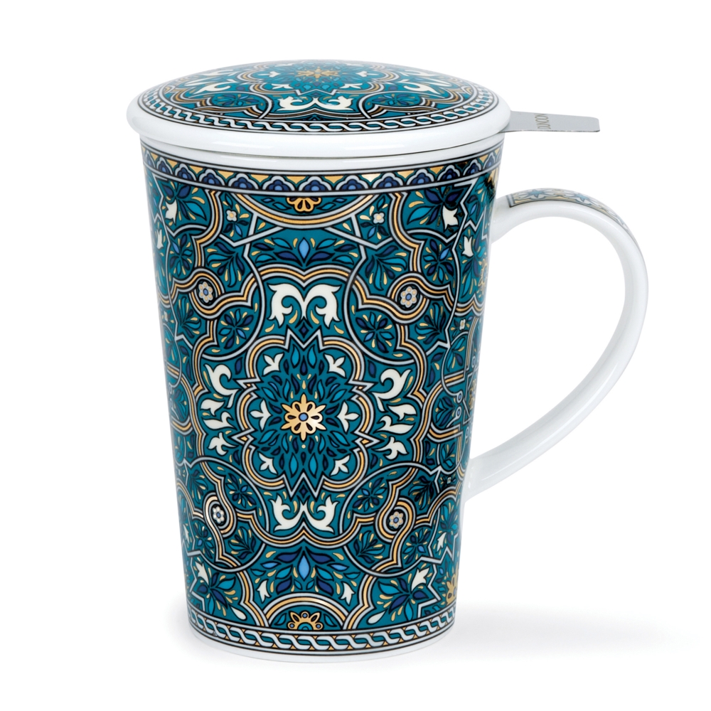 Dunoon Shetland Set Dubai Fine Bone China Porzellan Teebecher 4.4 dl mit Porzellandeckel, Edelstahl-Teefilter, orientalischem Muster von David Broadhurst und 22 Karat Goldveredelung