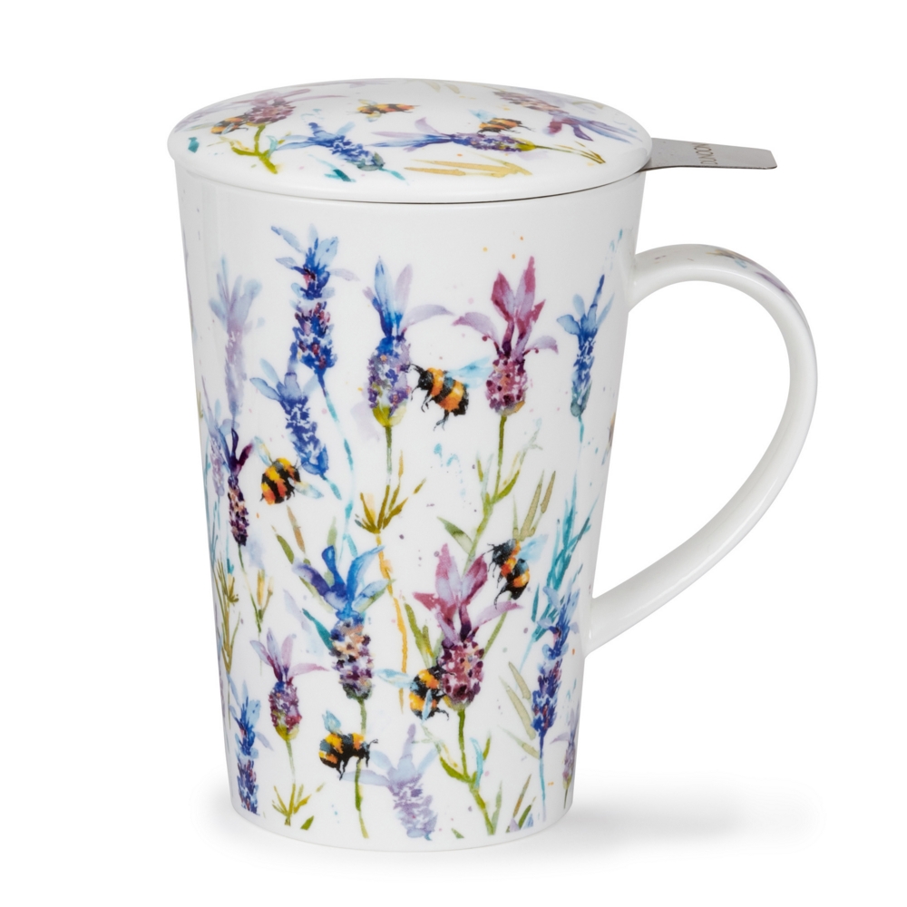 Dunoon Shetland Set Busy Bees Fine Bone China Porzellan Teebecher 4.4 dl mit Porzellandeckel, Edelstahl-Teefilter und Hummelmotiv mit Lavendel von Harrison Ripley