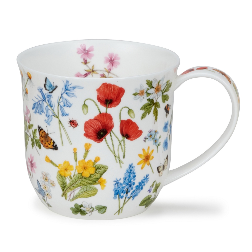 Dunoon Cumbrae Wild Flowers Poppy Porzellanbecher mit roten Mohnblumen, Wildblumen, Sommervögeln, Hummeln und Marienkäfern