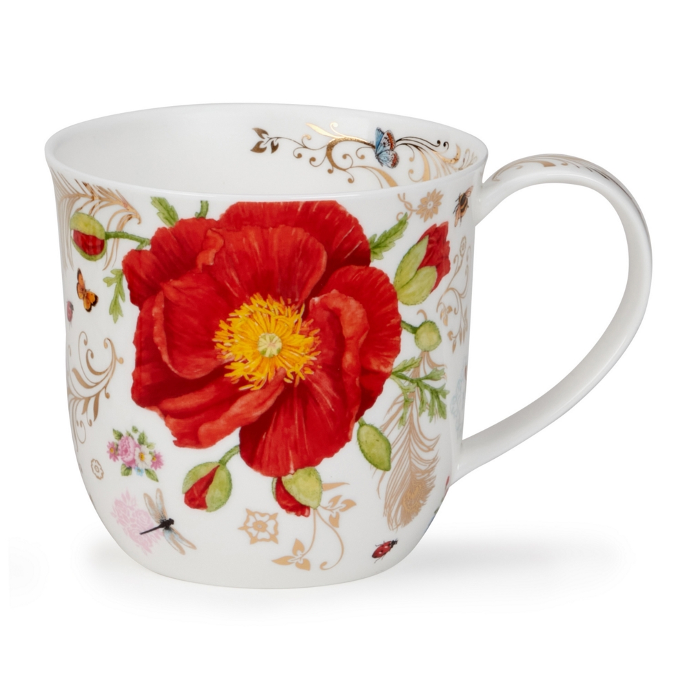 Dunoon Cumbrae Vintage Rouge Porzellanbecher mit roten Mohnblumen, Sommervögeln und 22 Carat Goldveredelung