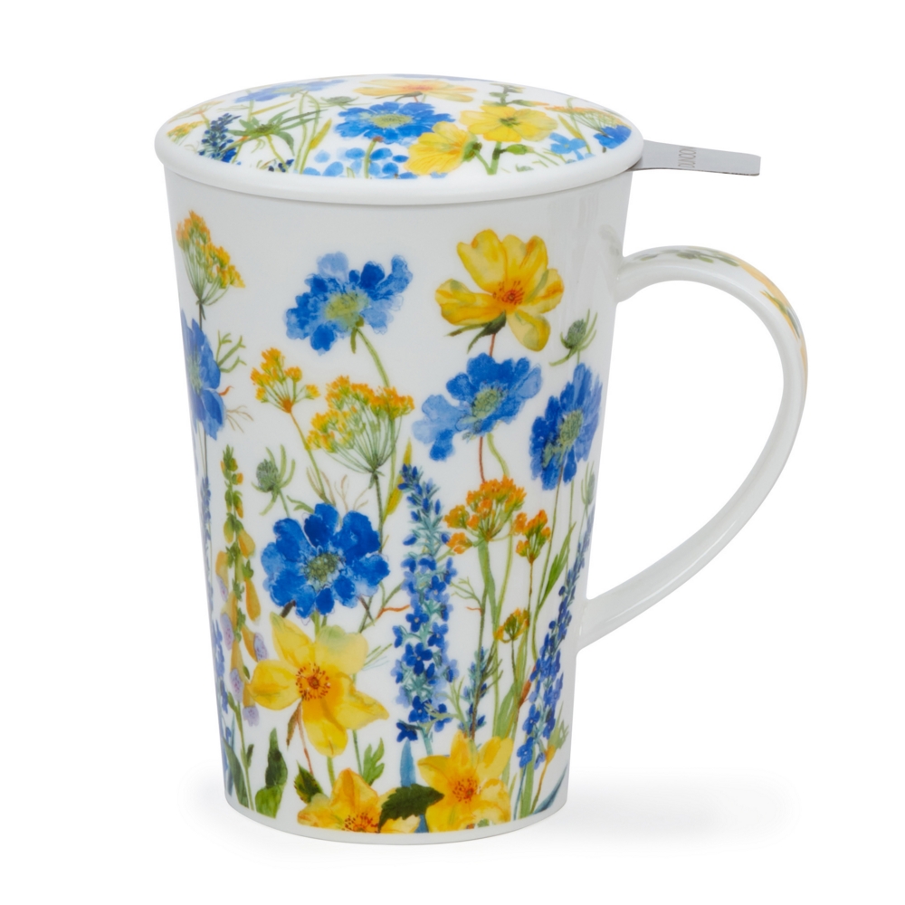 Dunoon Shetland Set Cottage Border Blue Fine Bone China Porzellan Teebecher 4.4 dl mit Porzellandeckel, Edelstahl-Teefilter und blau-gelbem Cottage-Garden-Blumenmotiv von Claire Wintering