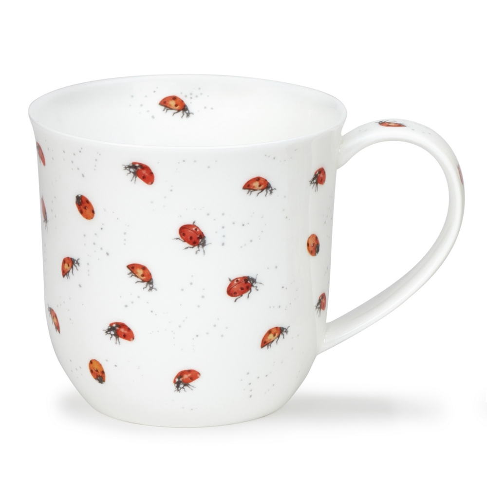 Dunoon Cumbrae Ladybirds Porzellanbecher mit roten Marienkäfern und feinen anthrazitgrauen Laufspuren