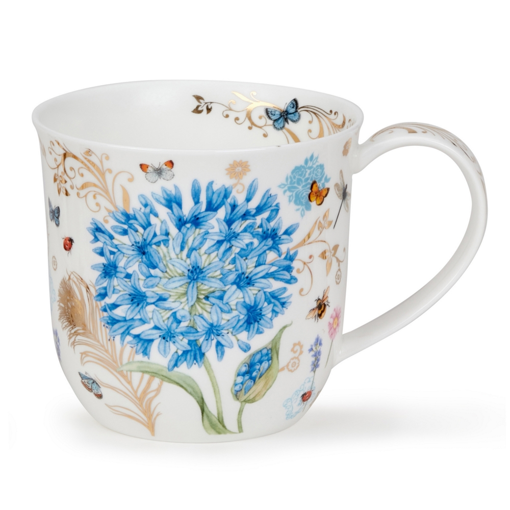 Dunoon Cumbrae Vintage Blue Porzellanbecher mit blauen Schmucklilien, Sommervögeln und 22 Carat Goldveredelung