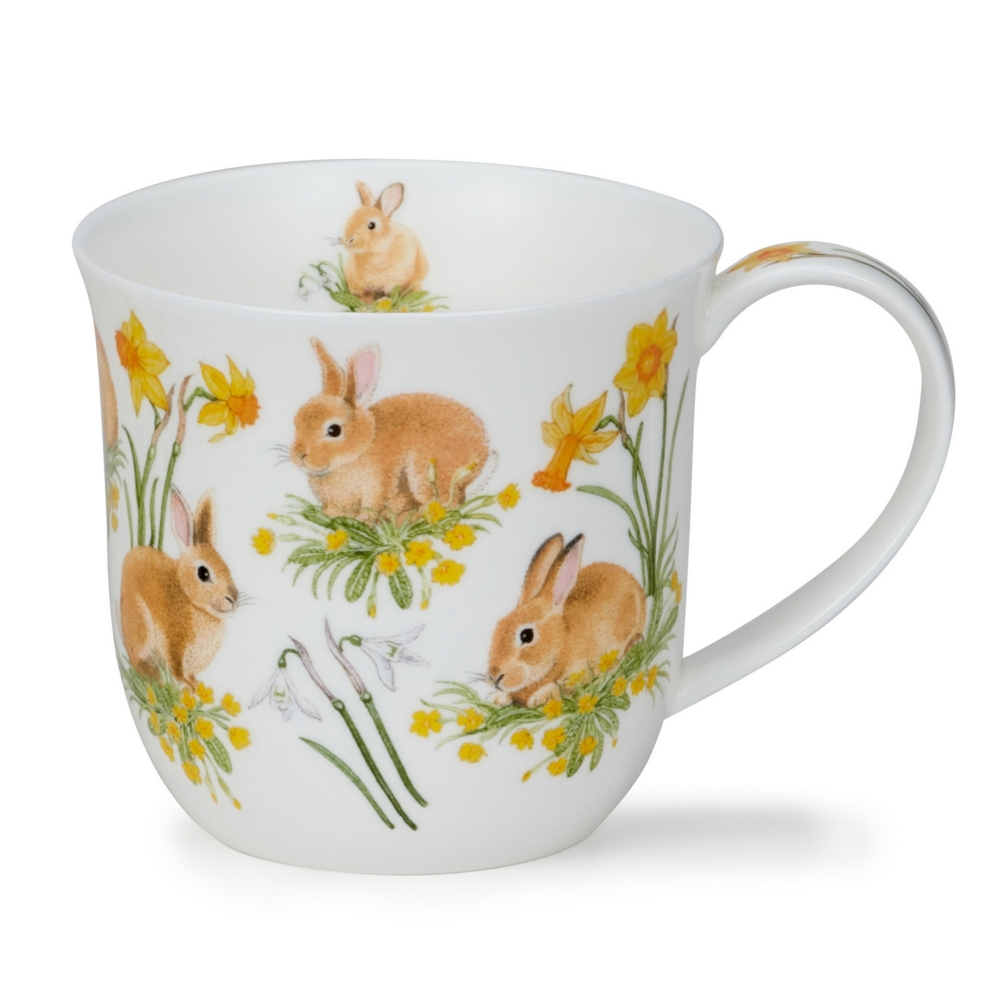 Dunoon Cumbrae Bunnies Porzellanbecher mit kleinen Häschen, Narzissen, Schneeglöckchen und Primeln