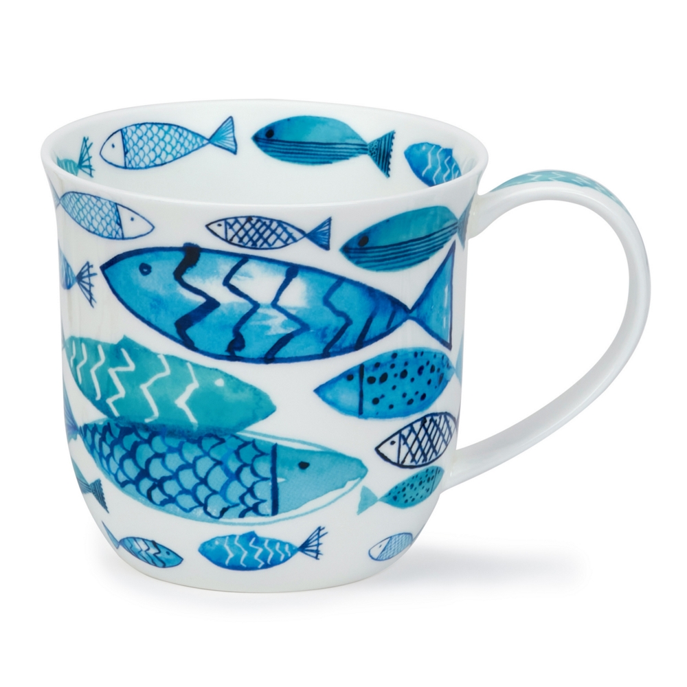 Dunoon Cumbrae Go Fish Large Porzellanbecher mit grossen Fischen in Türkis, Teal und Ozeanblau