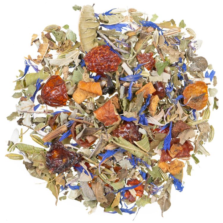 Alpenkräuter Fonduetee mit Fenchel, Hagebuttenschalen, Apfelstücken, Kräuterblättern und Kornblumenblüten