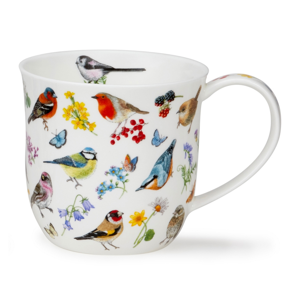 Dunoon Cumbrae Bird Garden Robin Porzellanbecher mit Rotkehlchen, Gartenvögeln, Wildblumen, Sommervögeln und kleinem Innenmotiv