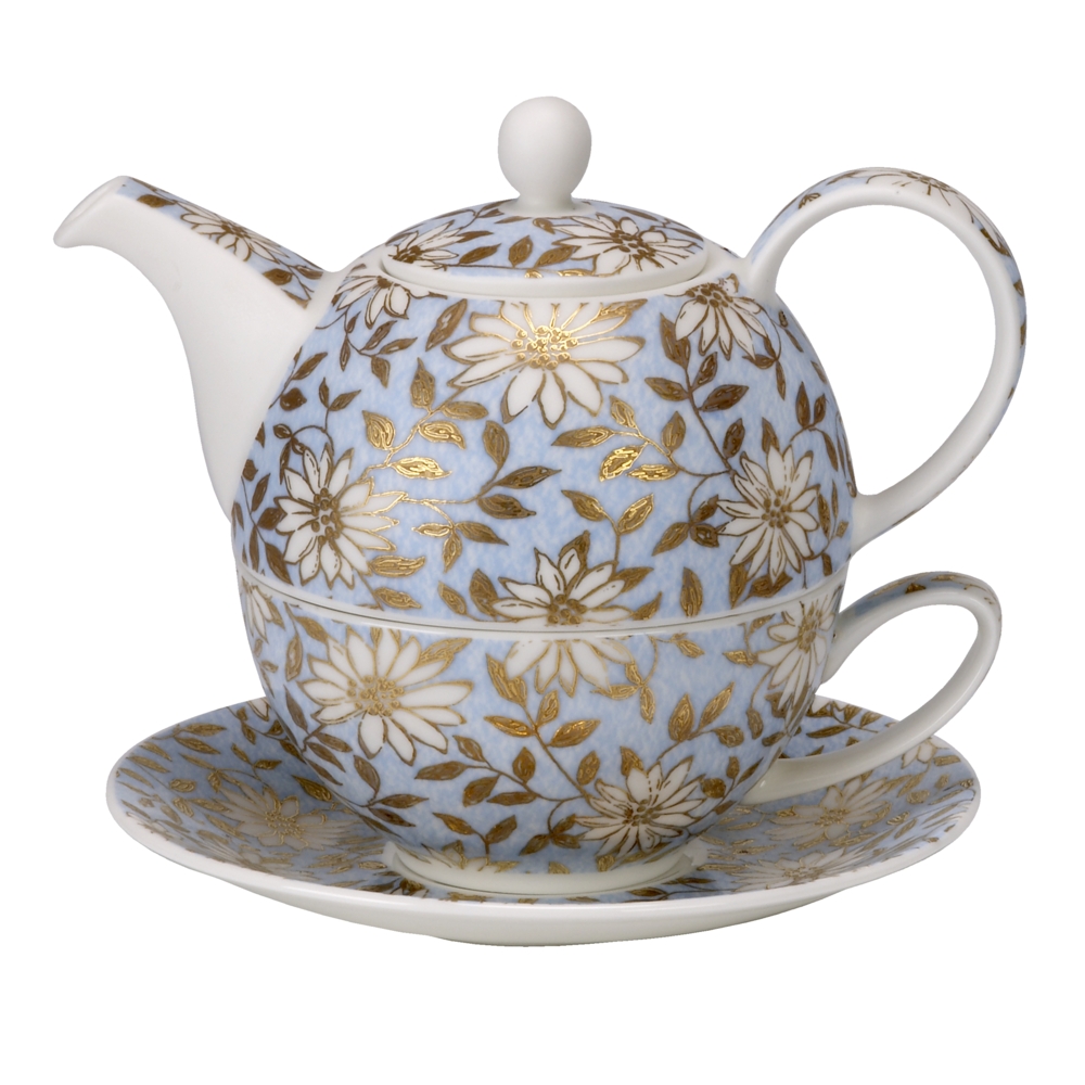 Dunoon Tea for One Set Aqua aus Fine Bone China Porzellan mit 22 Carat Goldveredelung, Teekanne 5 dl mit Teeschale 2.5 dl, weisse Blüten und goldene Blätter auf eisblauem Grund