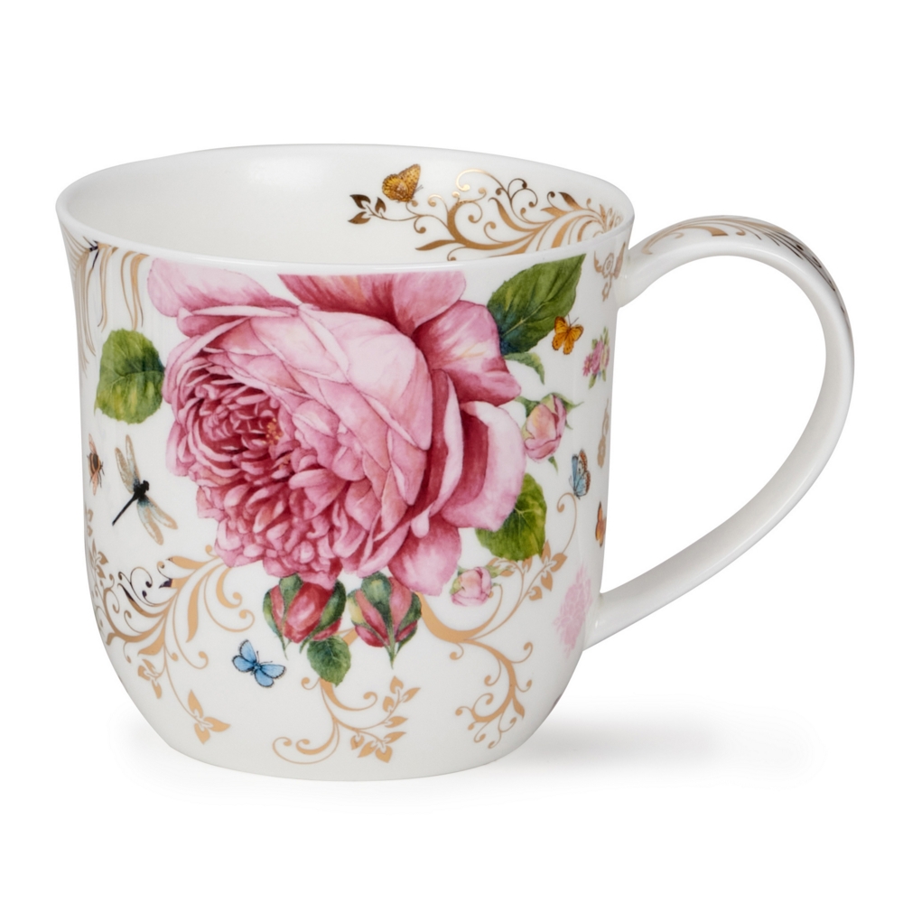 Dunoon Cumbrae Vintage Rose Porzellanbecher mit rosa Rosen, Sommervögeln und 22 Carat Goldveredelung