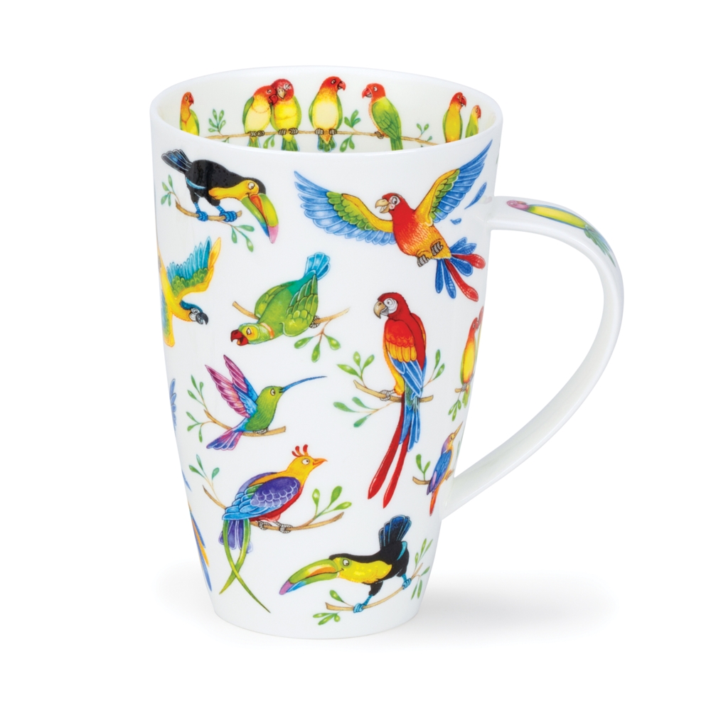 Dunoon Henley Becher Jungle Jive aus Fine Bone China Porzellan mit Ara, Papageien und exotischen Vögeln 6dl
