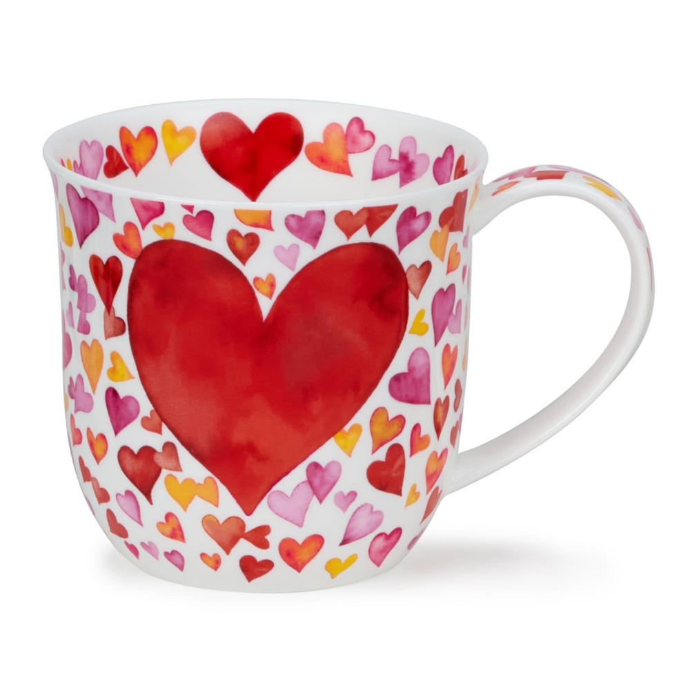 Dunoon Cumbrae Big Love Red Porzellanbecher mit vielen roten Herzen auf Fine Bone China Porzellan