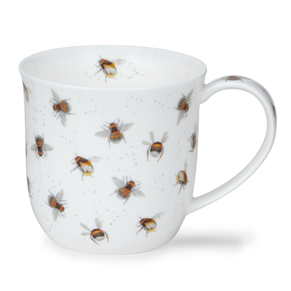 Dunoon Cumbrae Bees Porzellanbecher mit gelb-orange gestreiften Bienen und feiner anthrazitgrauer Sprenkelung
