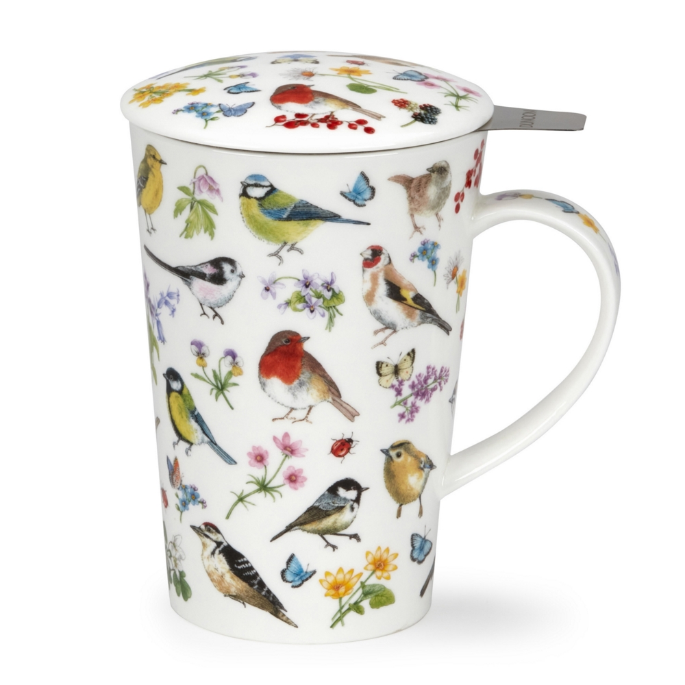 Dunoon Shetland Set Bird Garden Fine Bone China Porzellan Teebecher 4.4 dl mit Porzellandeckel, Edelstahl-Teefilter und farbenfrohem Vogelmotiv von Jane Fern
