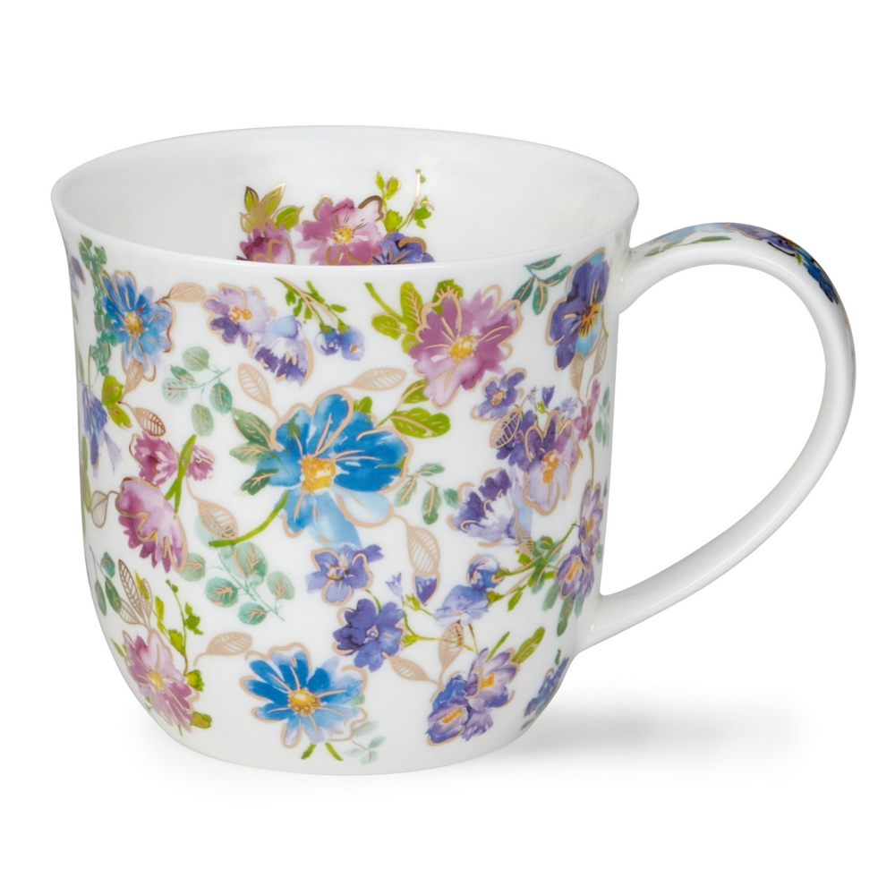Dunoon Cumbrae Belles Fleurs Blue Porzellanbecher mit blauen und rosafarbenen Aquarellblüten sowie 22 Carat Goldveredelung