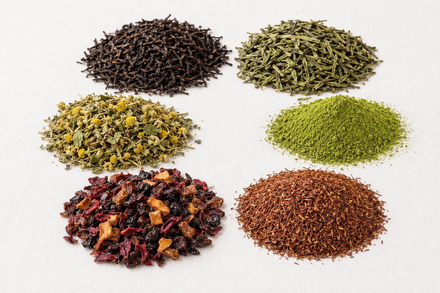 Schwarztee, Grüntee, Kräutertee, Matcha, Früchtetee und Rooibos auf hellem Grund