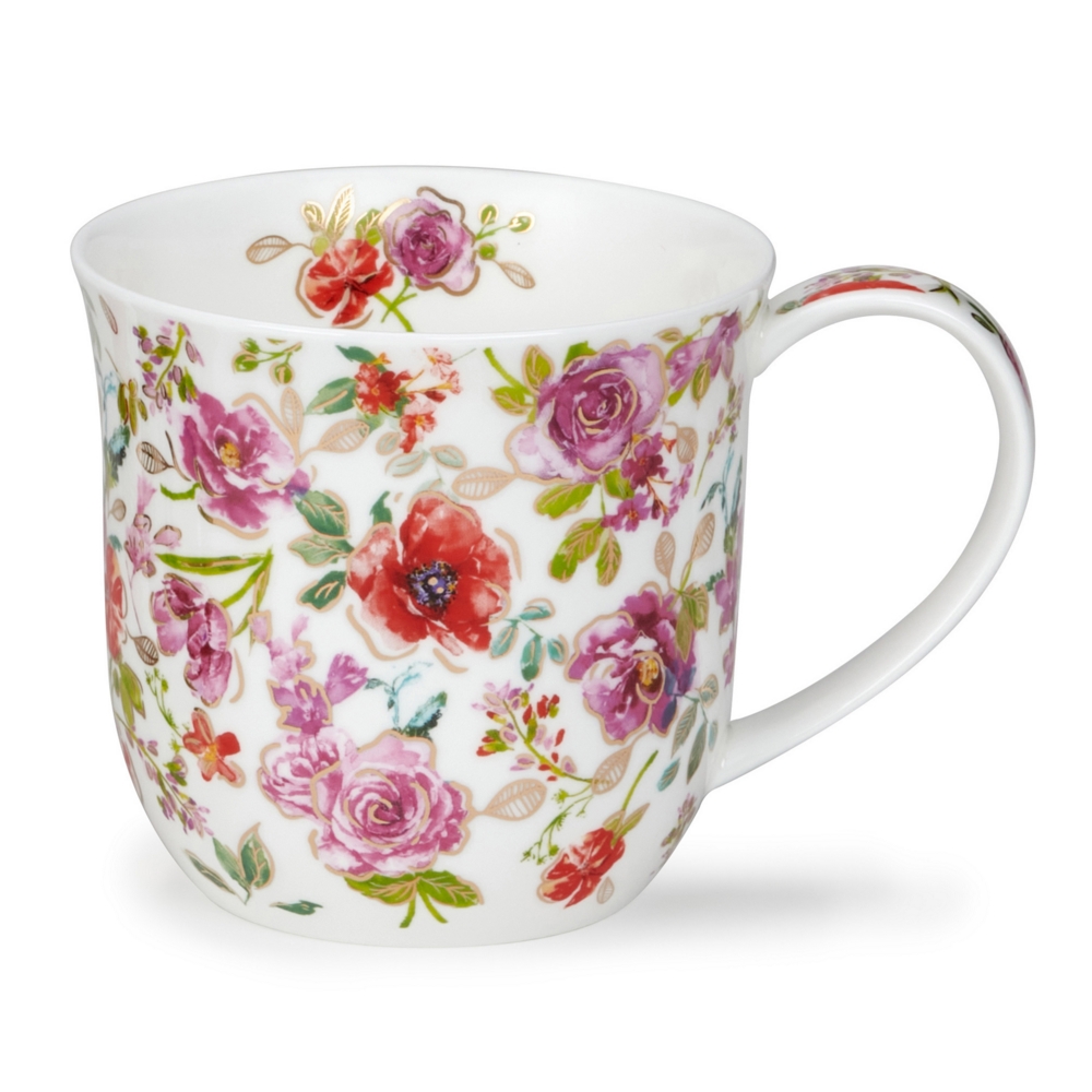 Dunoon Cumbrae Belles Fleurs Red Porzellanbecher mit roten und rosafarbenen Aquarellblüten sowie 22 Carat Goldveredelung